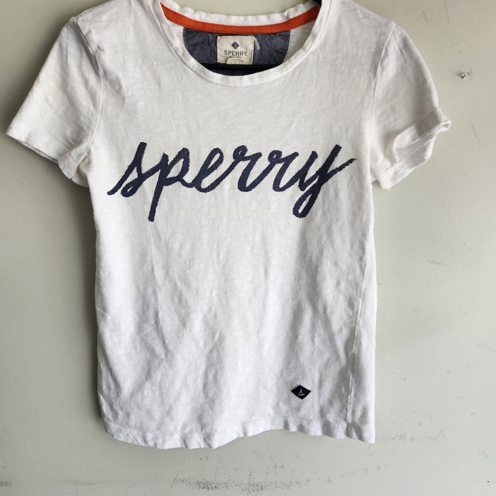 Sperry White and Navy Womens Tee Xtra Small